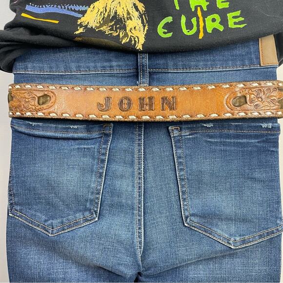 Vintage Distressed Worn Tooled Floral Cowboy Western Cowboy John Belt unisex 34 - Picture 12 of 16